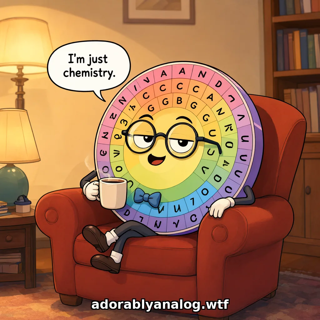 Cartoon: a smug rainbow codon wheel, the circular chart biologists use to read amino acids from DNA letters, lounges in a red armchair in a cozy lamplit study, wearing round glasses and a blue bow tie and sipping coffee. Its speech bubble says: I'm just chemistry.