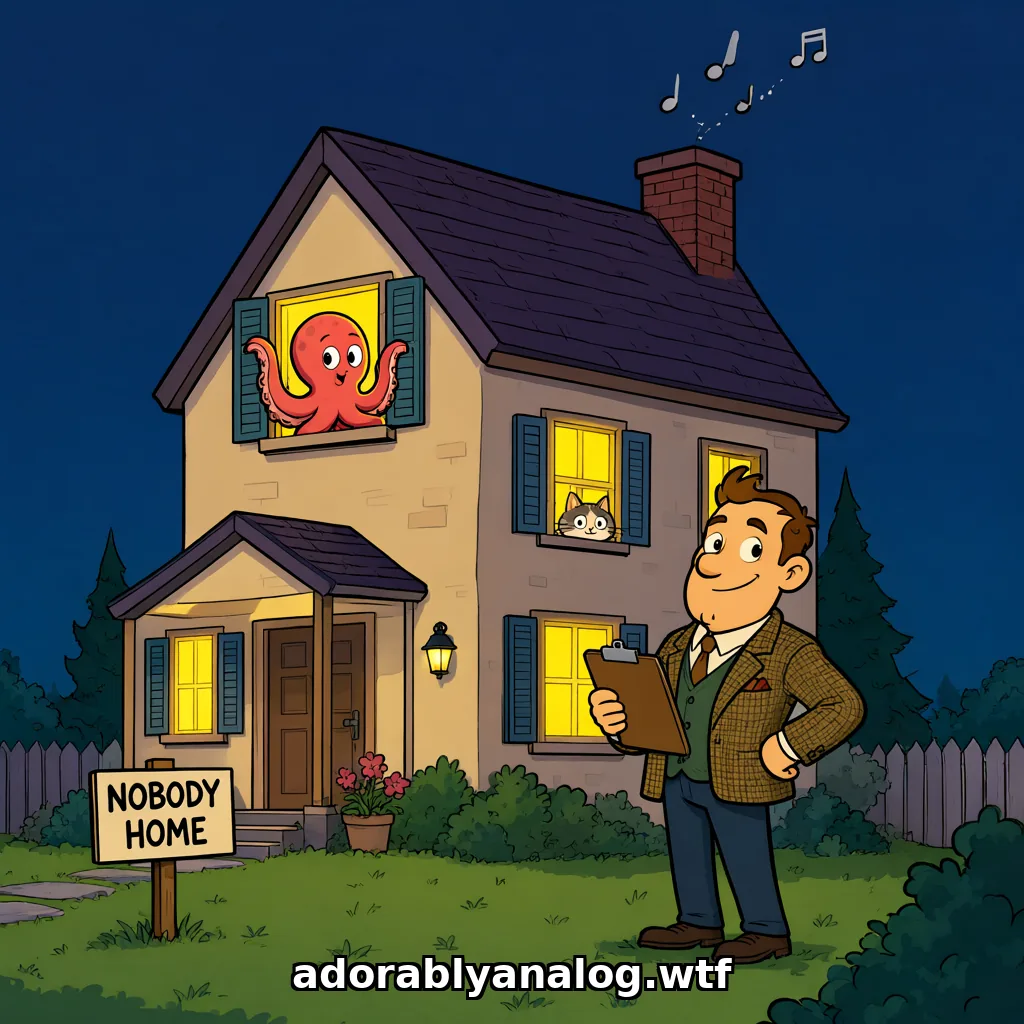 Cartoon: a cozy two-story house at night with every window glowing yellow. A cheerful red octopus waves from an upstairs window, a cat peeks out of another, and music notes float up from the chimney. On the lawn a smug man in a tweed jacket holds a clipboard beside the wooden sign he has put up: NOBODY HOME.