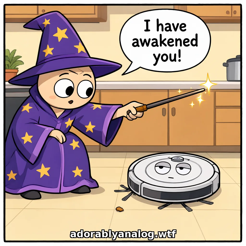 Cartoon: a wizard in a starry purple robe and pointed hat aims a sparkling wand at a robot vacuum on a kitchen floor. Speech bubble: I have awakened you! The robot vacuum looks back with half-lidded, deeply unimpressed eyes, next to a single crumb.