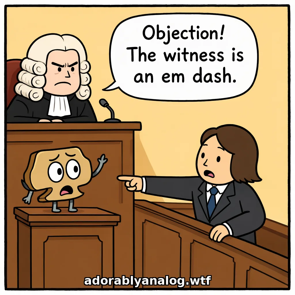 Cartoon: a courtroom. A scowling judge in a white powdered wig looms over the witness stand, where the witness, a small lumpy nervous creature with big worried eyes, raises one tiny arm. A lawyer points at it accusingly. Speech bubble: Objection! The witness is an em dash.