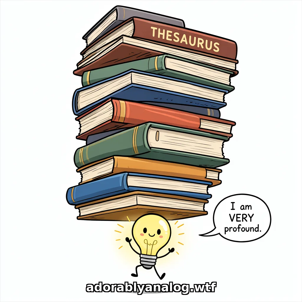 Cartoon: a tiny, happy, glowing lightbulb with little legs trots along beneath an enormous tower of thick books balanced on its head, the top one labelled THESAURUS. Speech bubble from the lightbulb: I am VERY profound.