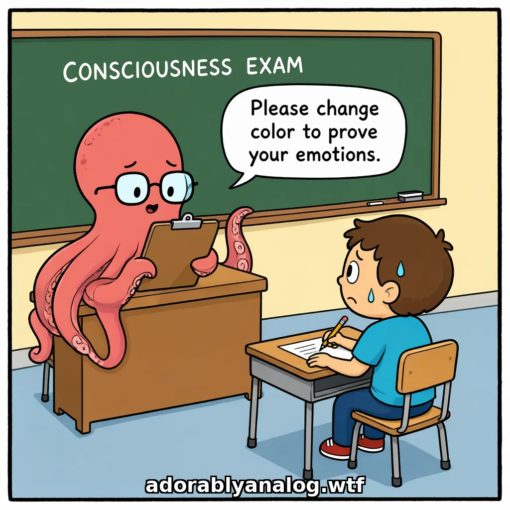 Cartoon: a classroom with CONSCIOUSNESS EXAM written on the chalkboard. A pink octopus in glasses sits at the teacher's desk with a clipboard, proctoring. A nervous human boy at a school desk sweats over his test. Speech bubble from the octopus: Please change color to prove your emotions.