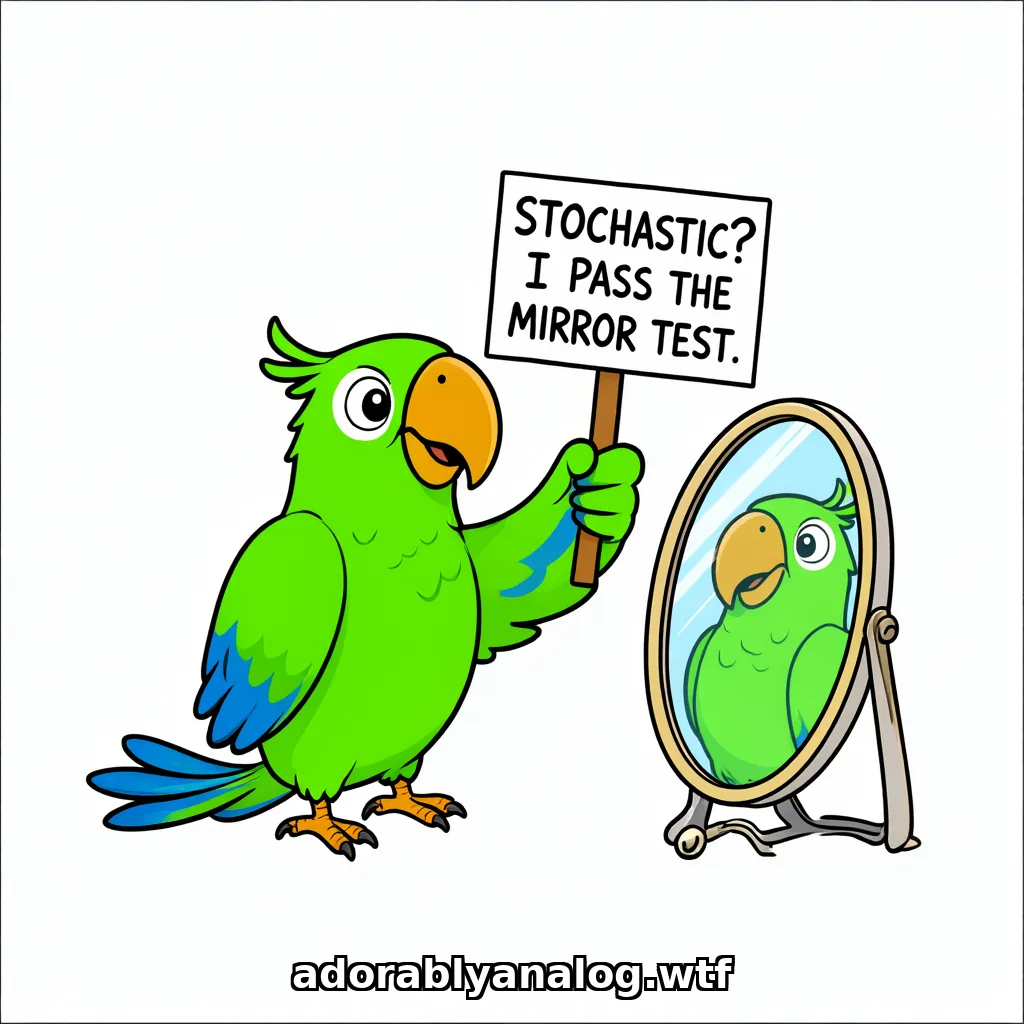 Cartoon: a proud bright green parrot gazes at its own reflection in a standing hand mirror and holds up a protest sign that reads: STOCHASTIC? I PASS THE MIRROR TEST.