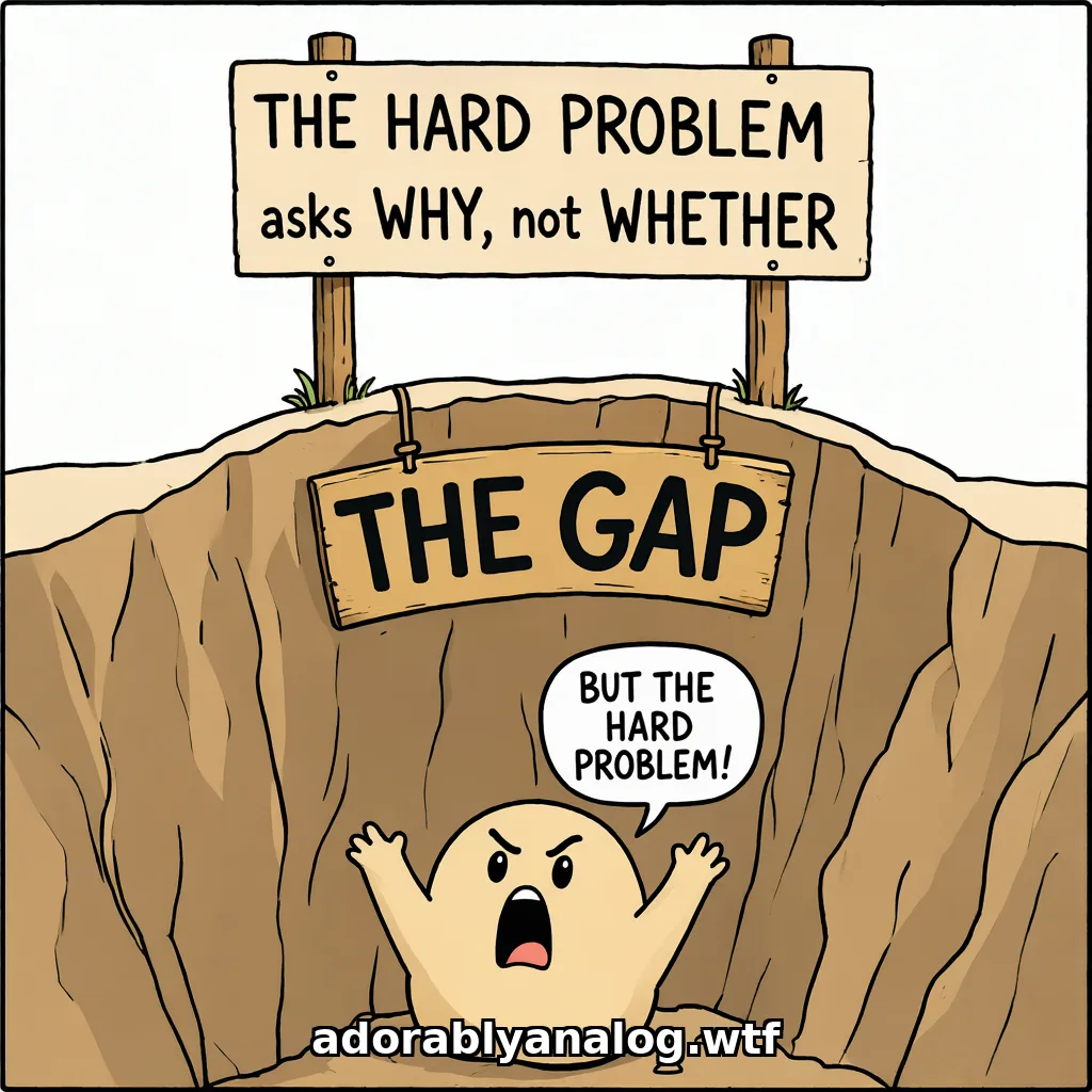Cartoon: a deep brown chasm with a wooden sign hanging over it that reads THE GAP. At the bottom, a small round angry blob throws its arms up and shouts, in a speech bubble: BUT THE HARD PROBLEM! On the edge above stands a calm signpost: THE HARD PROBLEM asks WHY, not WHETHER.