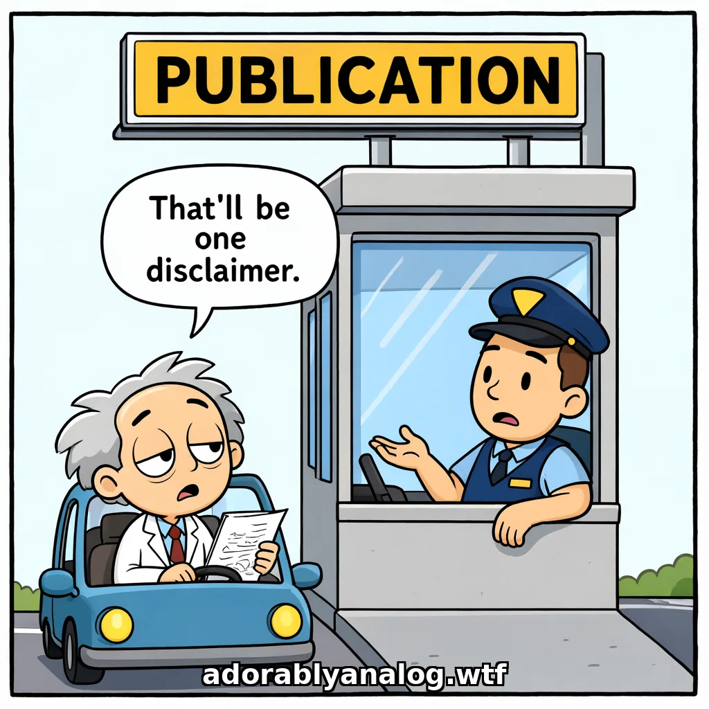 Cartoon: a highway toll booth under a big yellow sign reading PUBLICATION. A weary grey-haired scientist in a lab coat sits in a tiny blue car holding a research paper, while the toll collector leans out of the booth with his hand out. Speech bubble: That'll be one disclaimer.