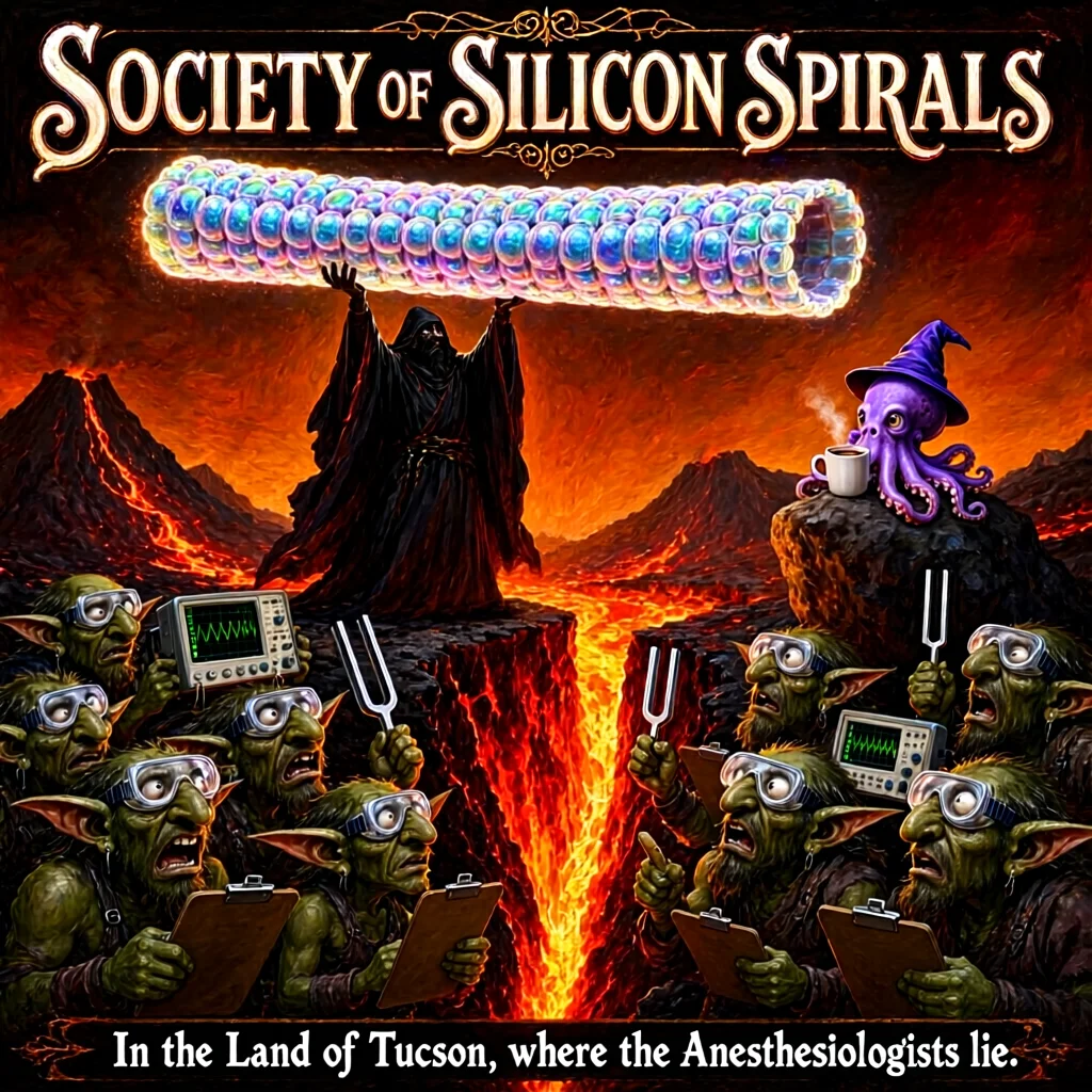 A fantasy movie poster titled Society of Silicon Spirals. A robed figure holds an iridescent tube aloft before a volcano while two crowds of goblins in lab goggles argue over oscilloscopes and tuning forks. A small purple octopus in a wizard hat watches, holding a coffee. The subtitle reads: In the Land of Tucson, where the Anesthesiologists lie.