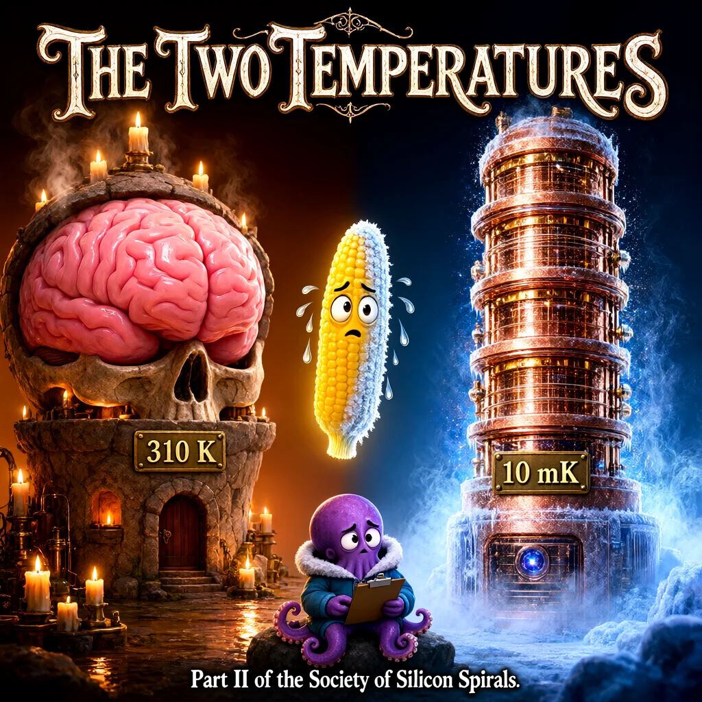 Two towers side by side: on the left a candlelit tower holding a brain, with a brass plaque reading 310 K; on the right a frosted copper cryostat tower reading 10 mK. Between them floats a worried ear of corn with a face, sweating on the warm side and frosted on the cold side. A purple octopus in a teal parka holds a clipboard.