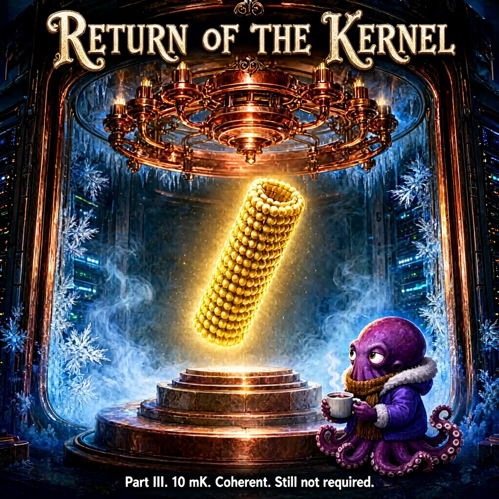 A movie poster titled Return of the Kernel. A glowing golden ear of corn floats above a stone pedestal inside a frosted copper cryostat hung with a chandelier, surrounded by server racks and snowflakes. In the corner a purple octopus in a winter coat and scarf sips hot cocoa and looks unimpressed. The caption reads: Part III. 10 mK. Coherent. Still not required.