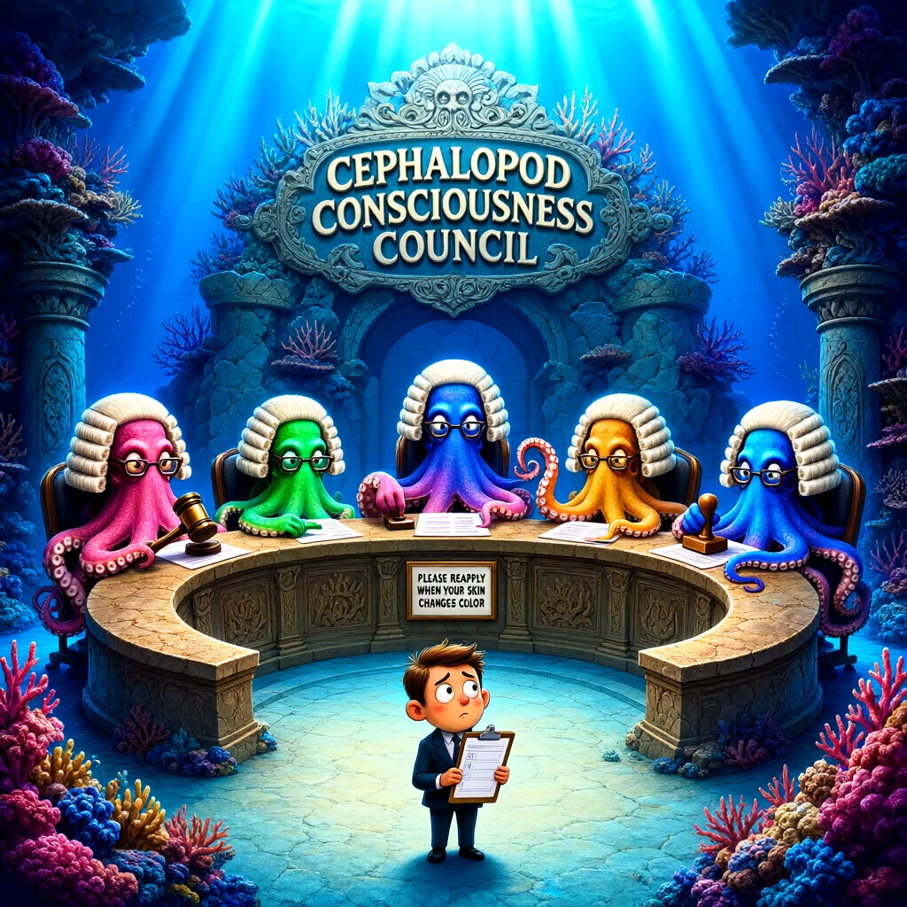 An underwater coral courtroom lit by blue light. Behind a curved stone bench sit five octopus judges in white powdered wigs and reading glasses, colored pink, green, purple, gold and blue; one holds a gavel, one a rubber stamp. A carved banner reads Cephalopod Consciousness Council. A sign on the bench reads: Please reapply when your skin changes color. A small nervous human in a suit stands before them holding a clipboard application.