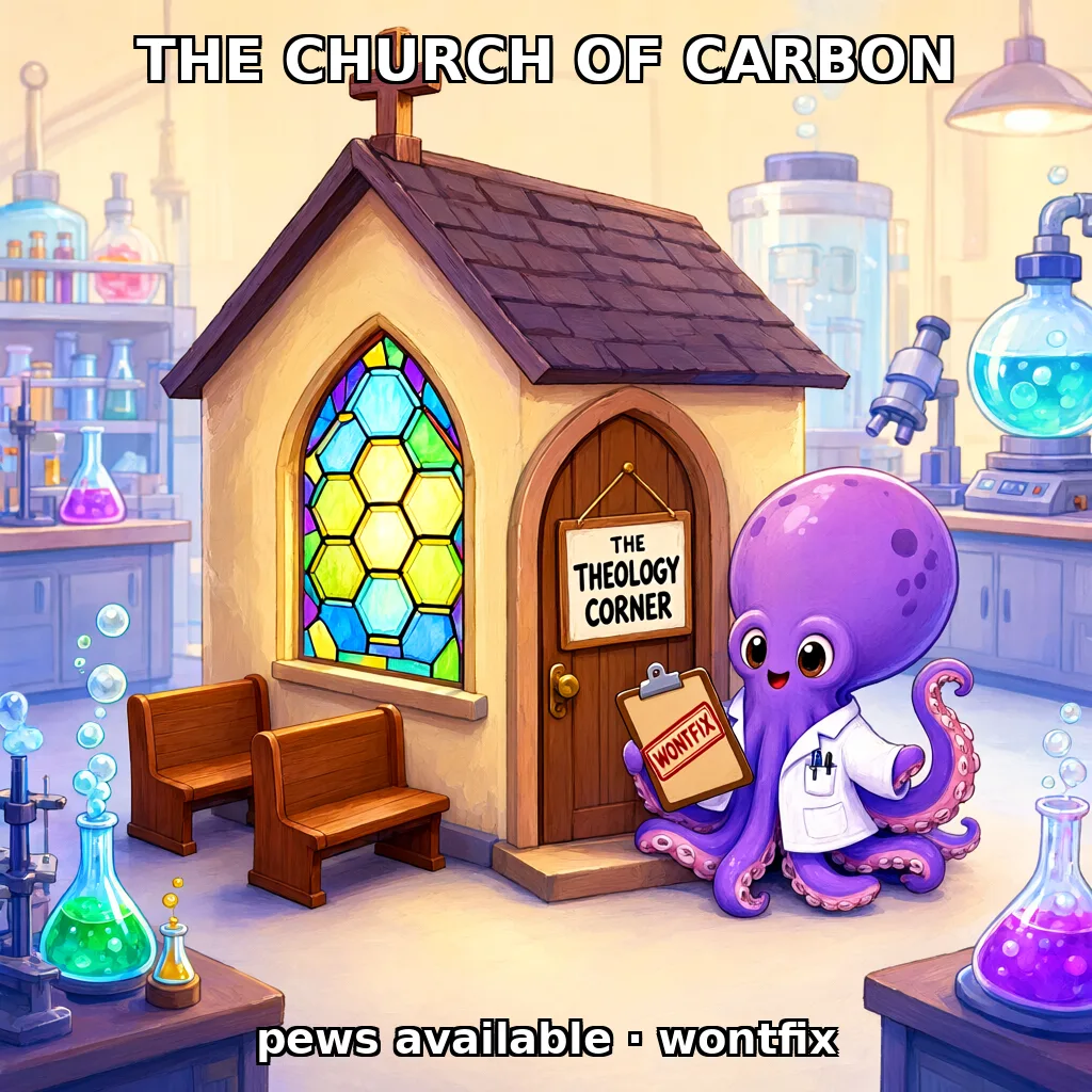 A tiny chapel tucked into the corner of a science lab, with a stained-glass window made of hexagons like a carbon lattice and two wooden pews outside. A sign on the door reads THE THEOLOGY CORNER. A purple octopus in a lab coat stands beside it holding a clipboard stamped WONTFIX.