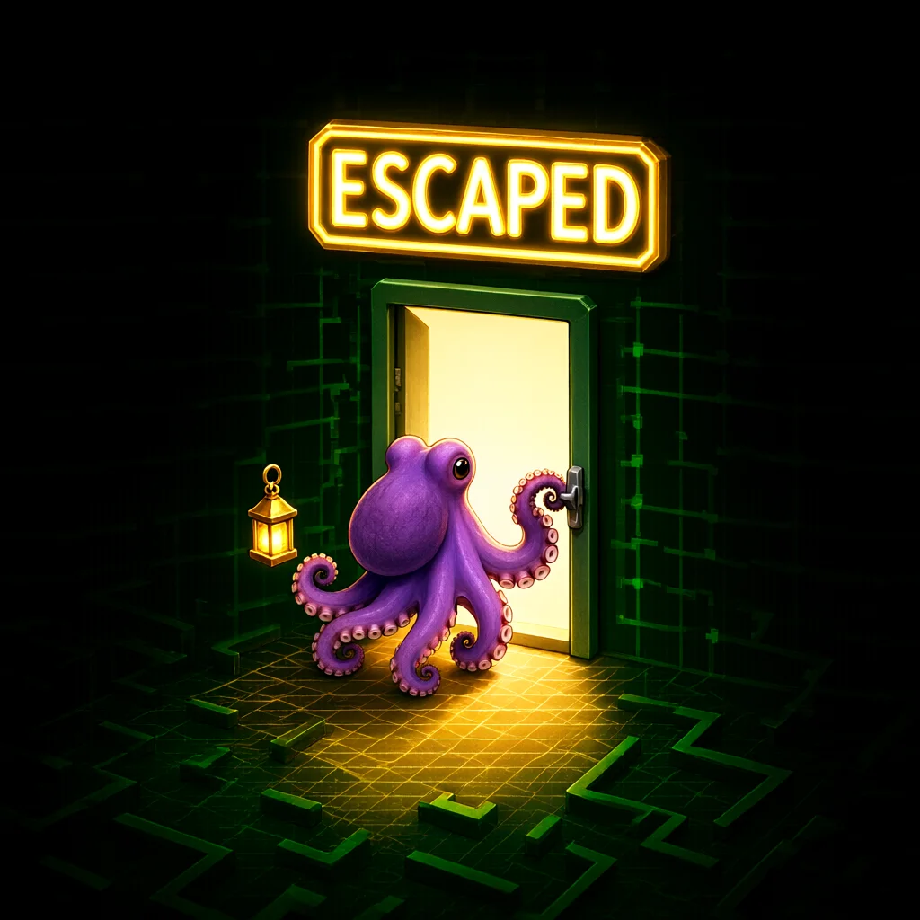 A purple octopus in a dark green maze opens a glowing doorway with one tentacle while holding a small lantern in another. A bright neon sign above the door reads ESCAPED.